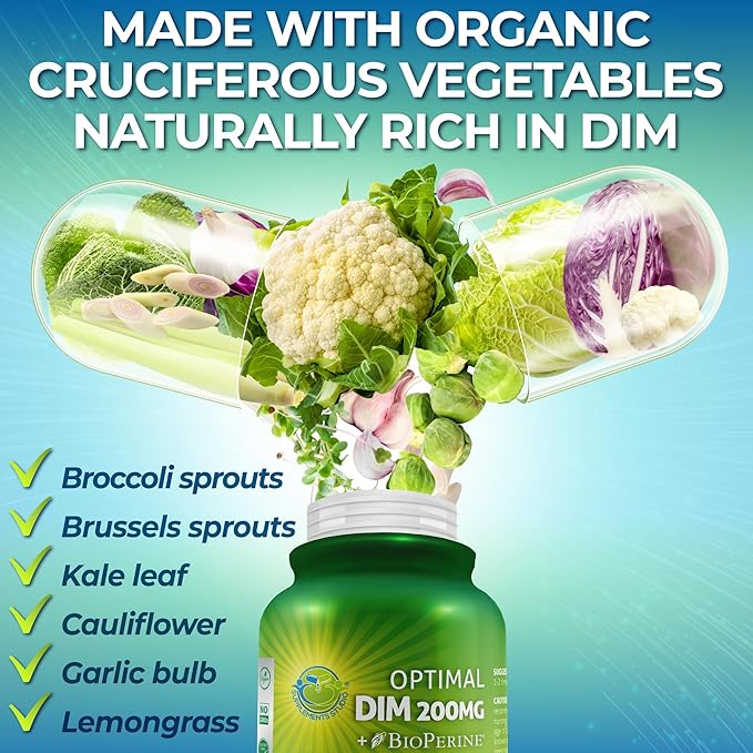 Optimal DIM 200mg Supplement for Women and Men - Made with Organic Whole Foods - Estrogen & Hormone Balance Support Diindolylmethane Complex - Maximum Absorption Delayed-Release Capsules - 60 Count