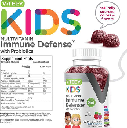 Kids Multivitamin Gummies with Probiotics - 8-1 Kids Vitamins for Immune Health Support with Vitamin C, D3, B12, B6, Zinc, Elderberry, Selenium - Vegetarian - Chewable Tasty Berry Flavored Gummy