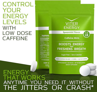 Viter Energy Caffeinated Mints 40mg Caffeine, B Vitamins, Sugar Free. (Spearmint, 8oz, Bulk Bag)