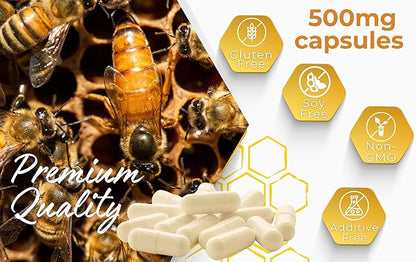 Royal Jelly 500 mg Honey Bee Royal Jelly, 60 Vegan Bee Royal Jelly Capsules, Natural Superfood Anti-Aging Brain Booster Supplement