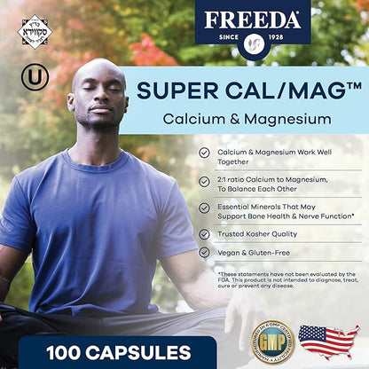 Freeda Super Cal/Mag Calcium Magnesium - Kosher Magnesium and Calcium Supplements for Women & Men - CalMag Bone & Joint Support - Vegetarian/Vegan Calcium and Magnesium Supplement - (100 Capsules)