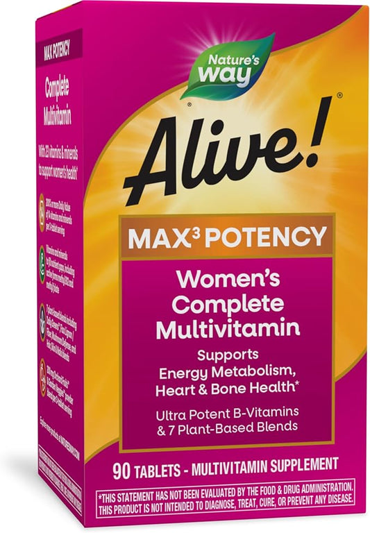Nature's Way Alive! Max3 Potency Women's Complete Multivitamin, Supports Energy Metabolism, Heart & Bone Health*, with B-Vitamins Including Methylated B12 and Folate, 90 Tablets (Packaging May Vary)