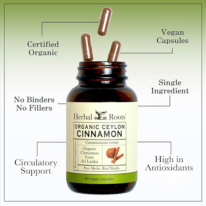 Herbal Roots Organic Ceylon Cinnamon Capsules | USDA Certified Organic - Non-GMO | 60 Organic Vegan Capsules
