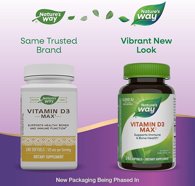 Nature's Way Vitamin D3 Max**, High Potency Vitamin D3, Supports Healthy Bones and Teeth*, Supports Immune Health*, 5000 IU (125 mcg) per Serving, 240 Softgels (Packaging May Vary)