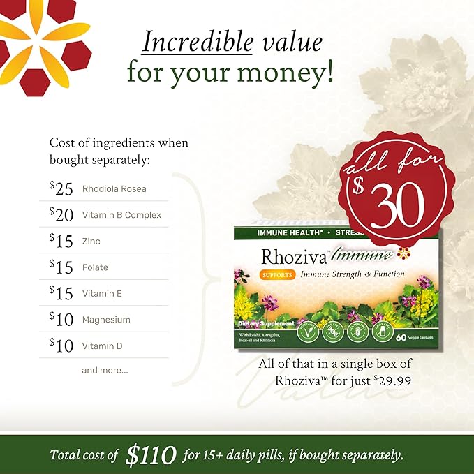 Immune Support, Energy Booster with Vitamin C, D3 and Zinc Supplement, Rhodiola Rosea, Reishi Mushroom Extract, Astragalus, Overall Wellness and Daily Habit - 60 Capsules