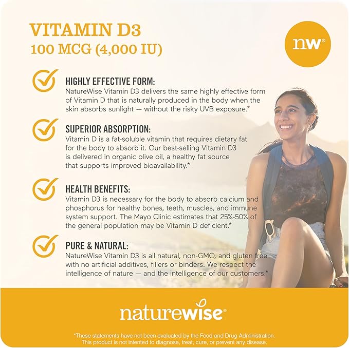 NatureWise Vitamin D3 4000iu (50 mcg) 90-Day Supply for Immune Support, Healthy Muscle Function, and Bone Health - Non-GMO, Gluten Free in Organic Extra Virgin Olive Oil, (Mini Softgel), 90 Count