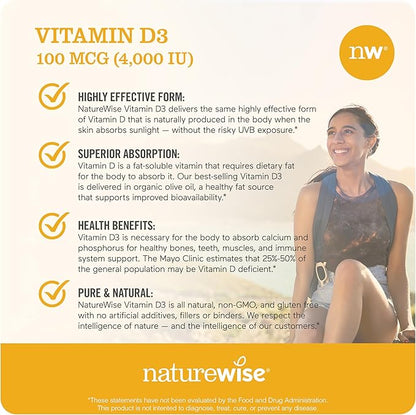 NatureWise Vitamin D3 4000iu (50 mcg) 90-Day Supply for Immune Support, Healthy Muscle Function, and Bone Health - Non-GMO, Gluten Free in Organic Extra Virgin Olive Oil, (Mini Softgel), 90 Count