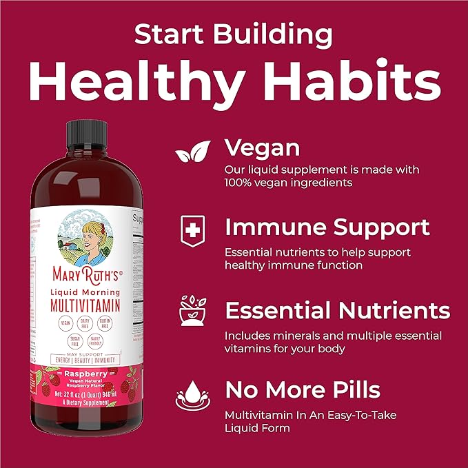 MaryRuth Organics Multivitamin for Women Men & Kids No Added Sugar | Morning Raspberry | Liquid Vitamins for Adults & Kids | Mens | Womens Multivitamin | Energy & Beauty Booster | 16-1 Fl Oz Bottles