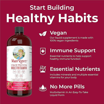 MaryRuth Organics Multivitamin for Women Men & Kids No Added Sugar | Morning Raspberry | Liquid Vitamins for Adults & Kids | Mens | Womens Multivitamin | Energy & Beauty Booster | 16-1 Fl Oz Bottles