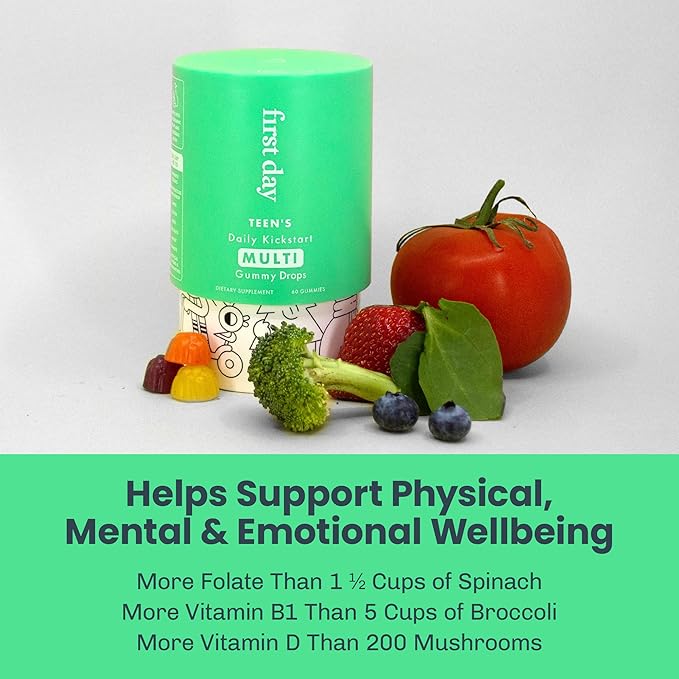 FIRST DAY Teens Daily Kickstart Multivitamin Gummies for Ages 14+ – Vitamins A, B1, B2, B6, E, B12, C, D3 & K2 + Zinc & Folate – Made w/Organic Fruits & Veggies, Only 2g Sugar – 30 Day Supply