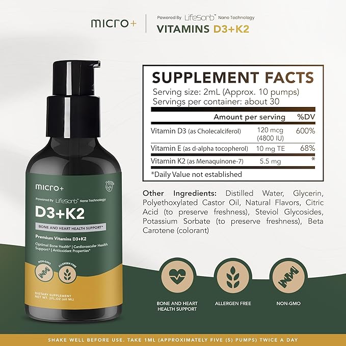 D3K2+ by Micro+ Vitamin Supplement with LifeSorb Technology - D3 K2 Supplement, Bone & Immune Health