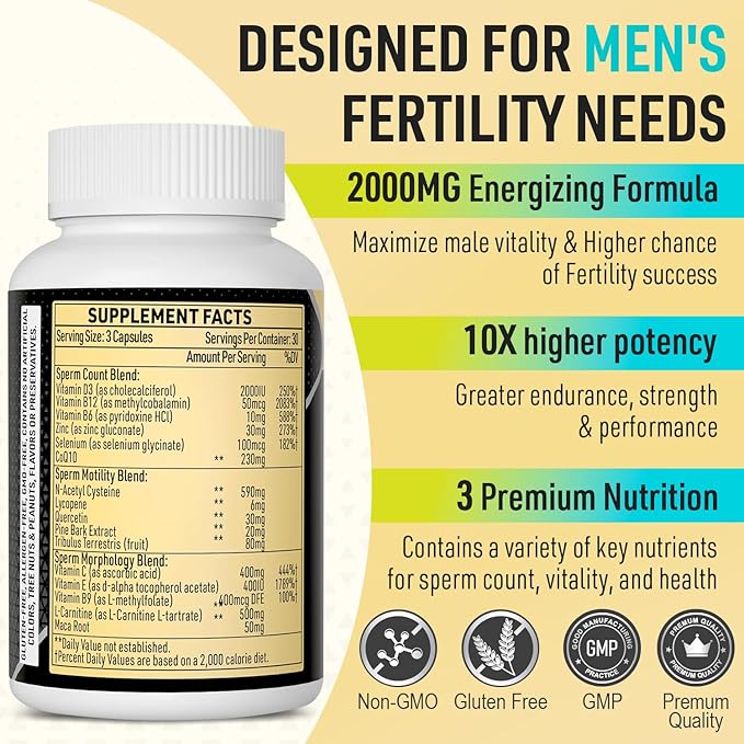 Fertility Supplements for Men, 2000MG Male Fertility Vitamin with Maca Root, Zin& Folate for Conception -360 Capsules