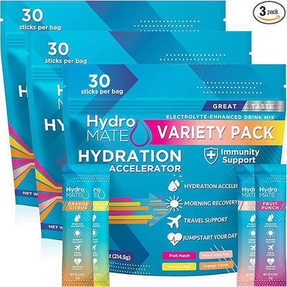 NatureWorks HydroMATE Electrolytes Powder Drink Mix Packets Hydration Accelerator Low Sugar Rapid Party Relief Plus Vitamin C Variety Pack 90 Count