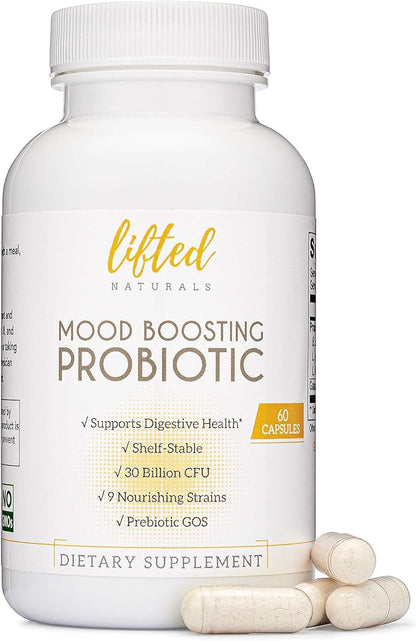 Lifted Naturals Mood Boosting Probiotic 30 Billion CFU - Mood Support Supplement, Prebiotics and Probiotics for Women & Men, Acidophilus Lactobacillus Probiotic, Shelf Stable & Non-GMO, 60 Capsules