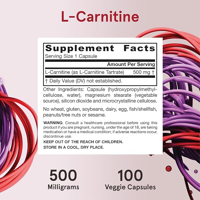 Jarrow Formulas L-Carnitine 500 mg, Dietary Supplement, Support for Cellular Energy Production, 100 Veggie Capsules, 100 Day Supply