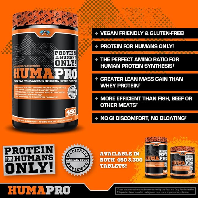 Humapro Tablets | Amino Acids Protein Matrix for Humans | 99% Utilization for Lean Muscle | Vegan, Gluten Free | 450 Tablets / 90 Servings