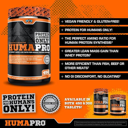 Humapro Tablets | Amino Acids Protein Matrix for Humans | 99% Utilization for Lean Muscle | Vegan, Gluten Free | 450 Tablets / 90 Servings