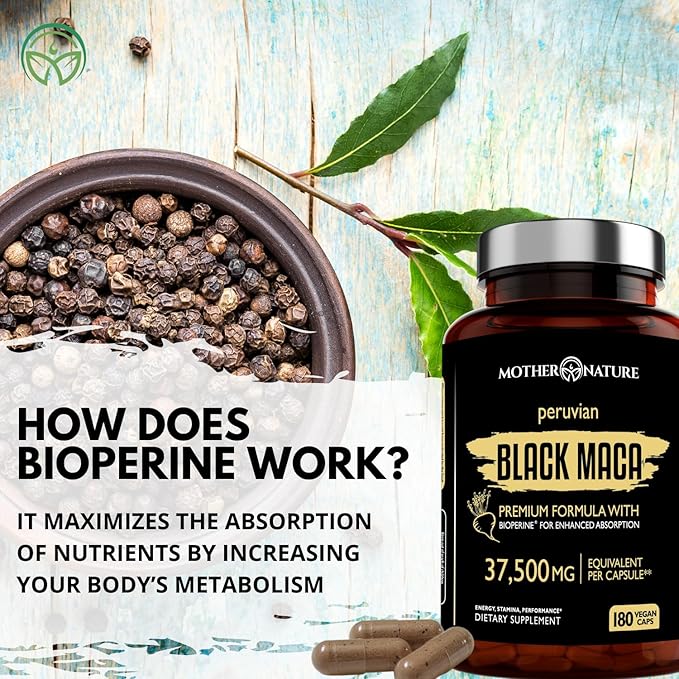 Mother Nature Black Maca Root Capsules – 50:1 37,500mg Peruvian Black Maca Root for Men, Women with Bioperine – Maca Root Capsules to Boost Stamina, Performance, Energy, Muscle Gain – 180-Count