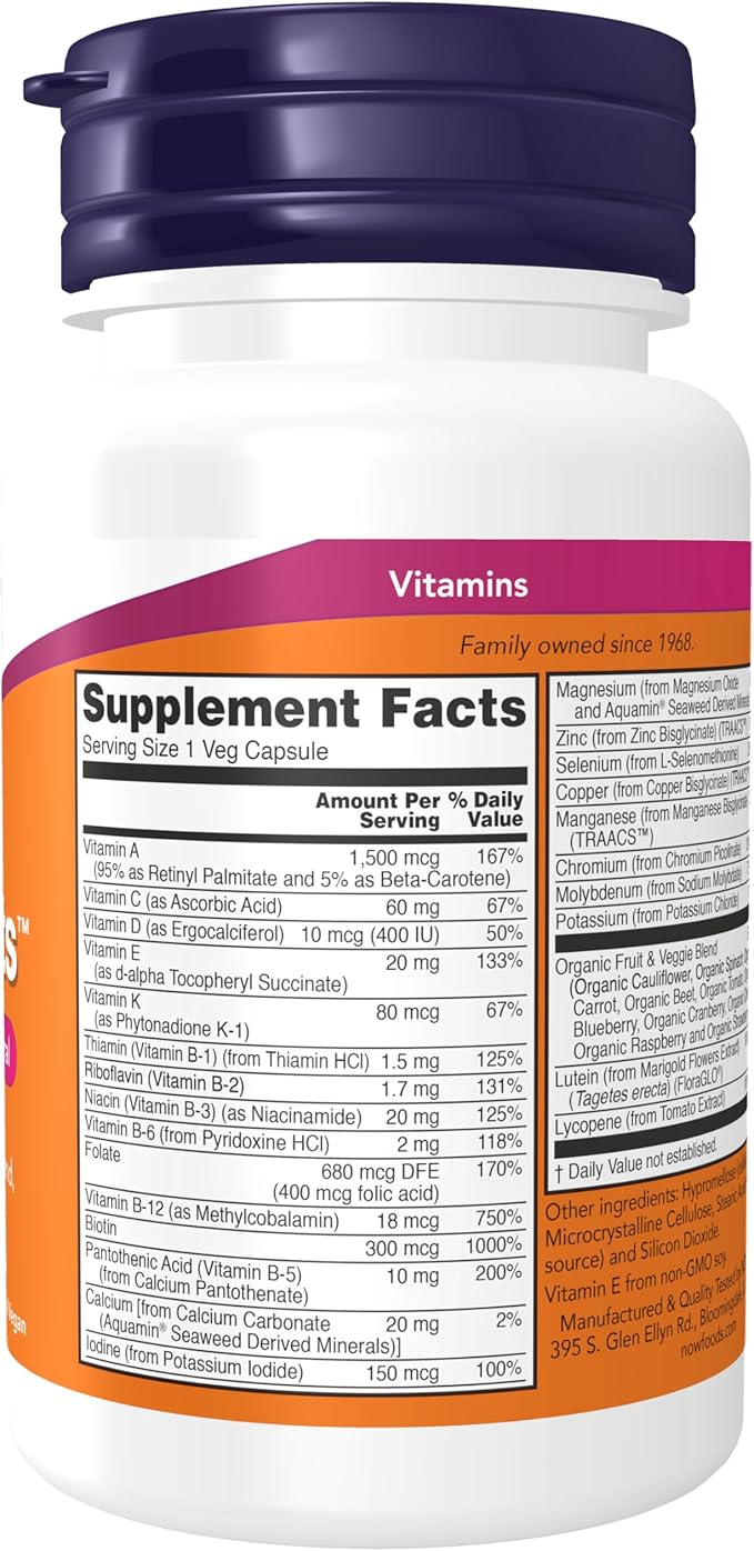NOW Foods Supplements, Daily Vits™with Fruit & Veggie Blend, Lutein and Lycopene, 30 Veg Capsules