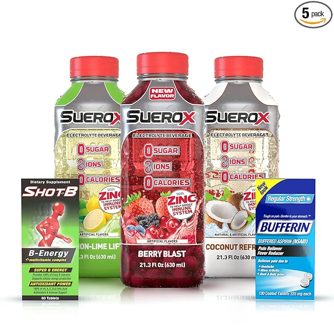 SueroX Kit Electrolyte Drinks Berry Blast, Coconut Refresh, Lemon Lift - 21.3 Fl Oz each,Bufferin Aspirin 130ct, Shot B Energy Multivitamin 60ct,