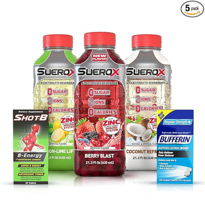 SueroX Kit Electrolyte Drinks Berry Blast, Coconut Refresh, Lemon Lift - 21.3 Fl Oz each,Bufferin Aspirin 130ct, Shot B Energy Multivitamin 60ct,
