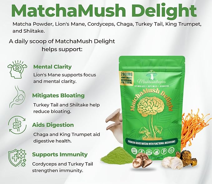 Mushroomtropics Matcha Mush Delight Mushroom Coffee Alternative, 2,800mg Adaptogenic Mushroom Blend and Fiber per Serving. for Better Energy, Bloating Relief, Mental Clarity and Immunity 30 Servings