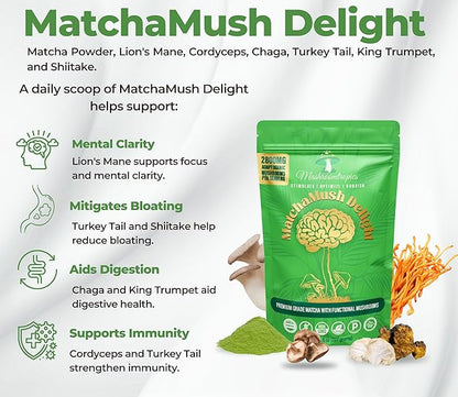 Mushroomtropics Matcha Mush Delight Mushroom Coffee Alternative, 2,800mg Adaptogenic Mushroom Blend and Fiber per Serving. for Better Energy, Bloating Relief, Mental Clarity and Immunity 30 Servings