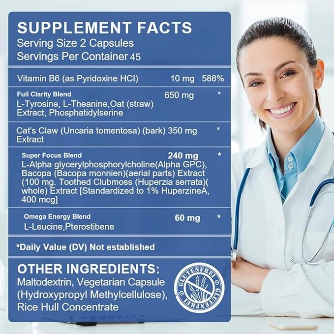 Brain Health Complex | Includes L-Theanine + Vitamin B6 + Phosphatidylserine, Natural Supplement for Focus, Clarity, and Cognitive Function, 90 Softgels - 45 Day Supply