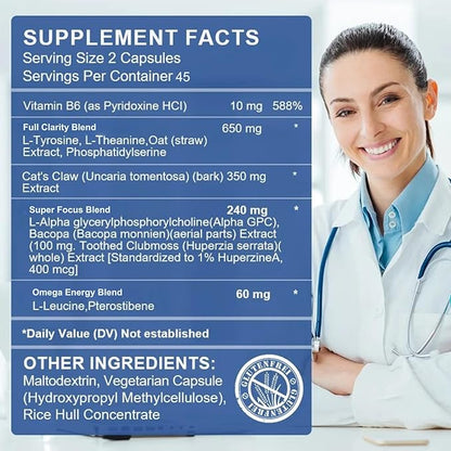 Brain Health Complex | Includes L-Theanine + Vitamin B6 + Phosphatidylserine, Natural Supplement for Focus, Clarity, and Cognitive Function, 90 Softgels - 45 Day Supply