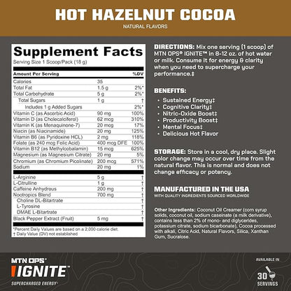 MTN OPS Hot Ignite Coffee Alternative | Hazelnut Cocoa Flavor | Instant Coffee Nootropic & L-Arginine L-Citrulline Blend for Cognitive Clarity, & Focus | 200mg Caffeine | 30 Servings
