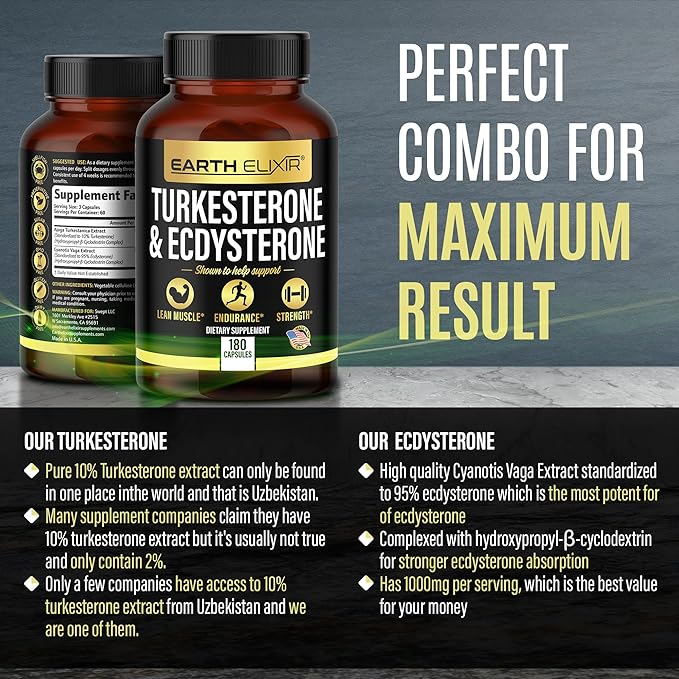 Turkesterone 1000mg and Ecdysterone 1000mg Supplements (180 Capsules) 2 Month Supply - 3rd Party Tested- Turkesterone Supplement for Men (Ajuga Turkestanica) with 95% Beta Ecdysterone