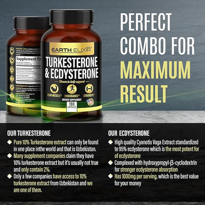 Turkesterone 1000mg and Ecdysterone 1000mg Supplements (180 Capsules) 2 Month Supply - 3rd Party Tested- Turkesterone Supplement for Men (Ajuga Turkestanica) with 95% Beta Ecdysterone