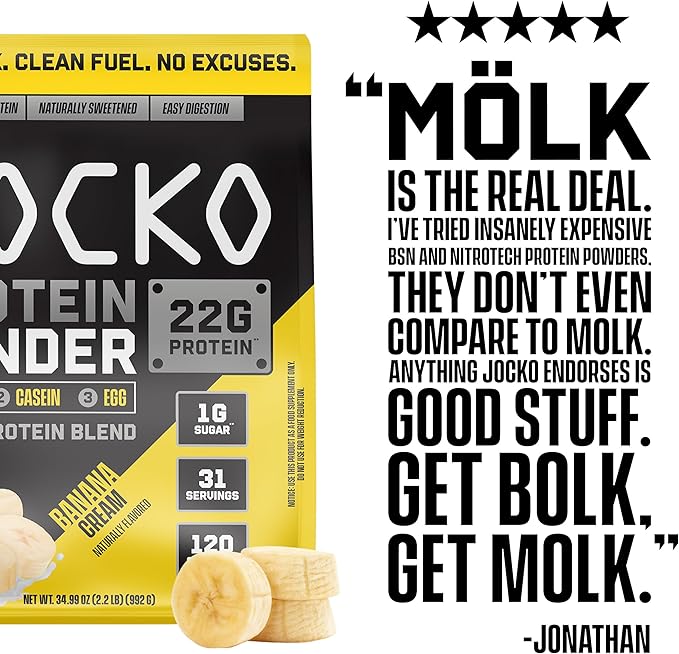Jocko Mölk Whey Protein Powder 22g Sugar Free Monk Fruit Blend - Muscle Recovery & Growth, Packaging May Vary (31 Servings, Banana Cream)