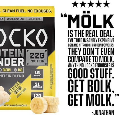 Jocko Mölk Whey Protein Powder 22g Sugar Free Monk Fruit Blend - Muscle Recovery & Growth, Packaging May Vary (31 Servings, Banana Cream)