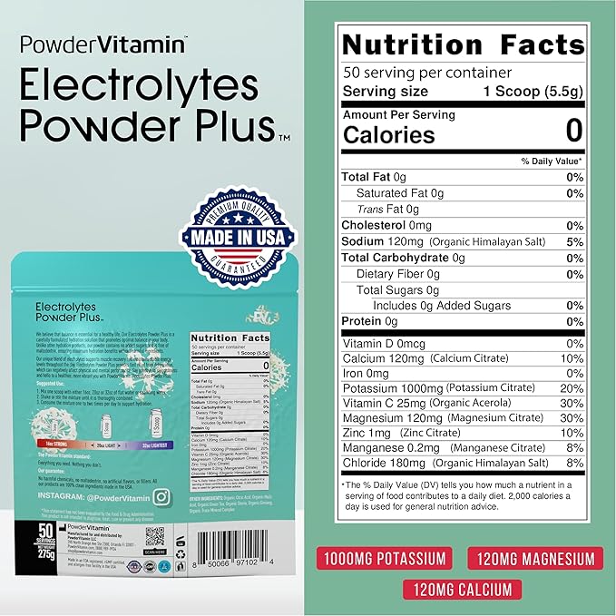 Electrolytes Powder Plus (50 Servings) Green Tea Ginseng Electrolyte Powder Keto, Sugar Free, Pink Himalayan Salt,1000mg Potassium,120mg Calcium,120mg Magnesium, Hydration Powder