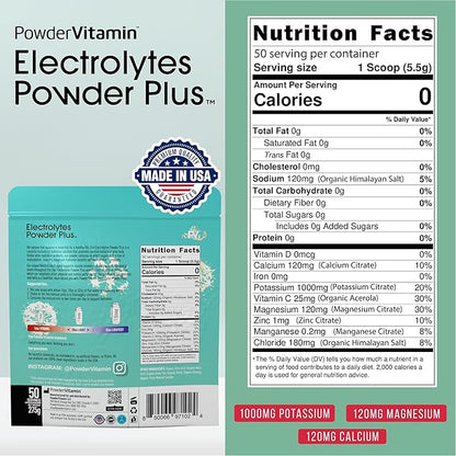 Electrolytes Powder Plus (50 Servings) Green Tea Ginseng Electrolyte Powder Keto, Sugar Free, Pink Himalayan Salt,1000mg Potassium,120mg Calcium,120mg Magnesium, Hydration Powder