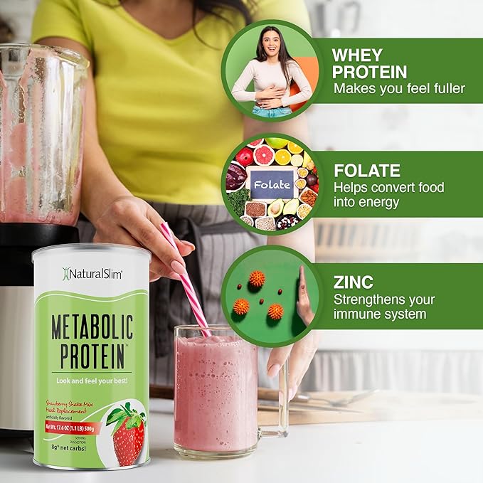 NaturalSlim Metabolic Whey Protein Powder Strawberry – Low Carb, Meal Replacement Shake w/Vitamins, Minerals & Amino Acid L-Glutamine | Great Taste And Very Filling Protein Shake, 10 Servings, 17.6oz
