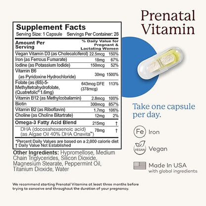 Premama Prenatal Vitamins for Women, Once-Daily Multivitamin Supplement, Includes Folate and DHA, Allergen-Free, 28 Vegan Capsules