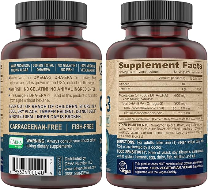 DEVA Vegan DHA-EPA Nutritional Supplement, Non-Fish Derived from Algae, 300 mg Potency, 90 Vegetarian Softgels - Pack of 2