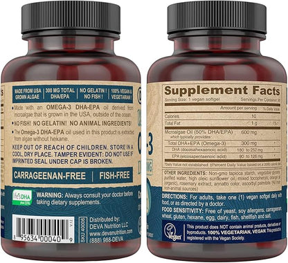 DEVA Vegan DHA-EPA Nutritional Supplement, Non-Fish Derived from Algae, 300 mg Potency, 90 Vegetarian Softgels - Pack of 2