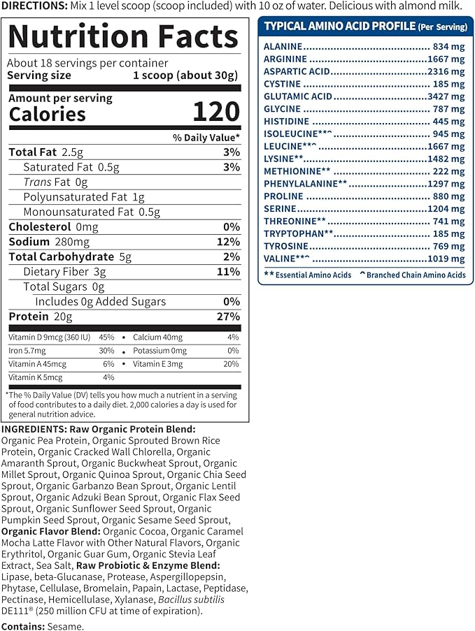 Garden of Life Vegan Protein Powder - Caramel Mocha Latte - 20g Plant Protein, BCAAs, Probiotics & Digestive Enzymes - Gluten-Free, Non-GMO