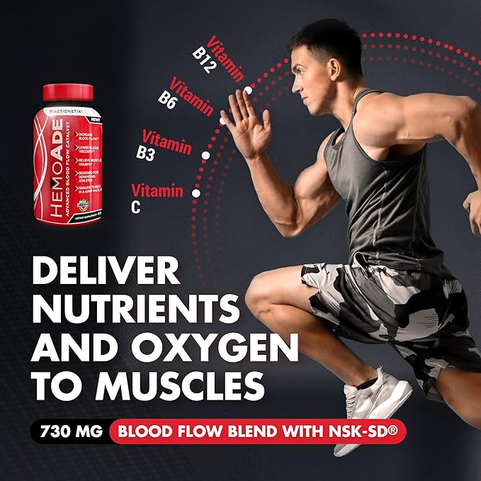 HemoAde Advanced Blood Flow Catalyst, Muscle Cramp Defense, Increase VO2, Endurance Supplement, Athletic Performance Supplements, Running Supplement, Mountain Bike Supplement, 60 Capsules