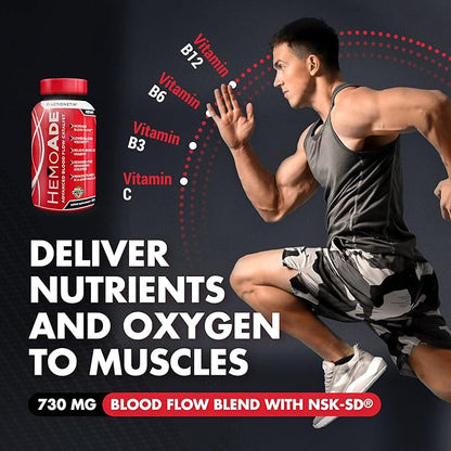 HemoAde Advanced Blood Flow Catalyst, Muscle Cramp Defense, Increase VO2, Endurance Supplement, Athletic Performance Supplements, Running Supplement, Mountain Bike Supplement, 60 Capsules