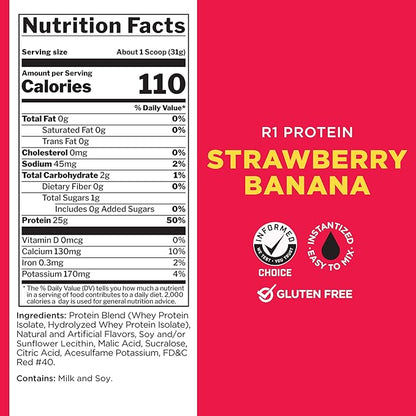 Rule One Proteins R1 Protein - 25g Fast-Acting, Super-Pure 100% Isolate and Hydrolysate Protein Powder with 6g BCAAs (5 Pounds*, Strawberry Banana)
