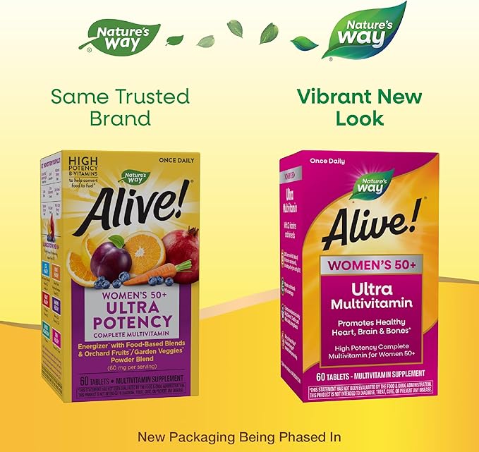 Nature’s Way Alive! Women’s 50+ Ultra Potency Complete Multivitamin, High Potency Formula, Promotes Healthy Heart, Brain, Bones*, with Methylated B12, Gluten-Free, 60 Tablets (Packaging May Vary)