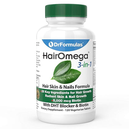 DrFormulas HairOmega 3-in-1 Hair Growth Vitamins with DHT Blocker, Biotin for Women & Men | Hair Skin and Nails Supplement for Hair Loss, 120 Pills