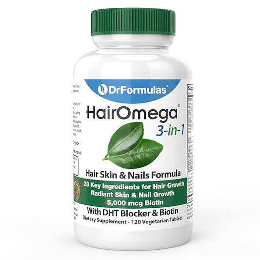 DrFormulas HairOmega 3-in-1 Hair Growth Vitamins with DHT Blocker, Biotin for Women & Men | Hair Skin and Nails Supplement for Hair Loss, 120 Pills
