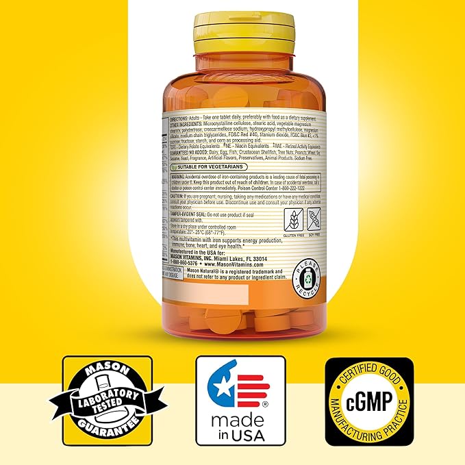 MASON NATURAL Daily Mini Multi Vitamins with Iron, Vitamins A, C, D, E, B1, B2, B3, B6, B12, Folate & Calcium, 100 Day Supply