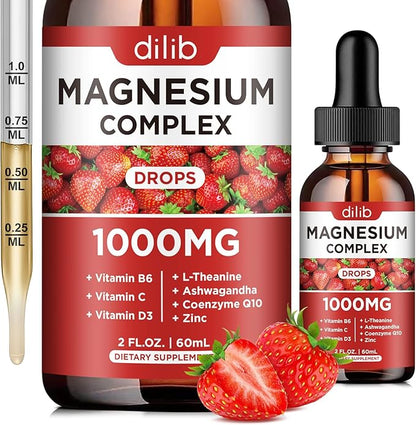 Triple Magnesium Complex Supplement, Magnesium Glycinate, Blend, Citrate Liquid Drops 1000mg with Ashwagandha, CoQ10, Vitamin B6, C, D, Zinc -Support Calm Stress Relief, Bone, Muscle, Mood Vegan