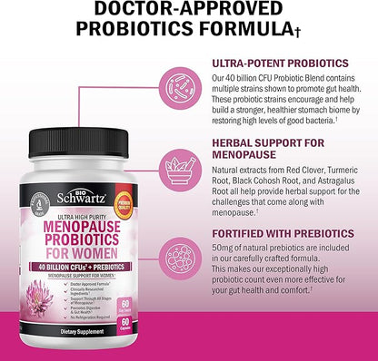 Menopause Supplements for Women - 40 Billion CFU Menopause Probiotics for Women - Menopause Support for Hot Flashes Night Sweats Mood Swings and Hormone Balance - Non-GMO, 60 Count, 60 Servings